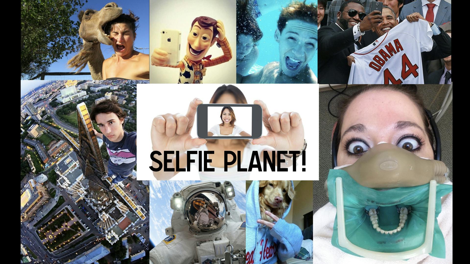 Picture collage of selfies with title Selfie planet