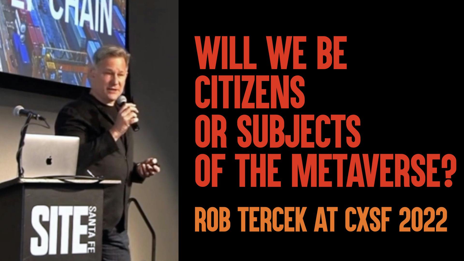 Robert tercek speaking to an audience with title Will we be citizens or subjects of the metaverse?
